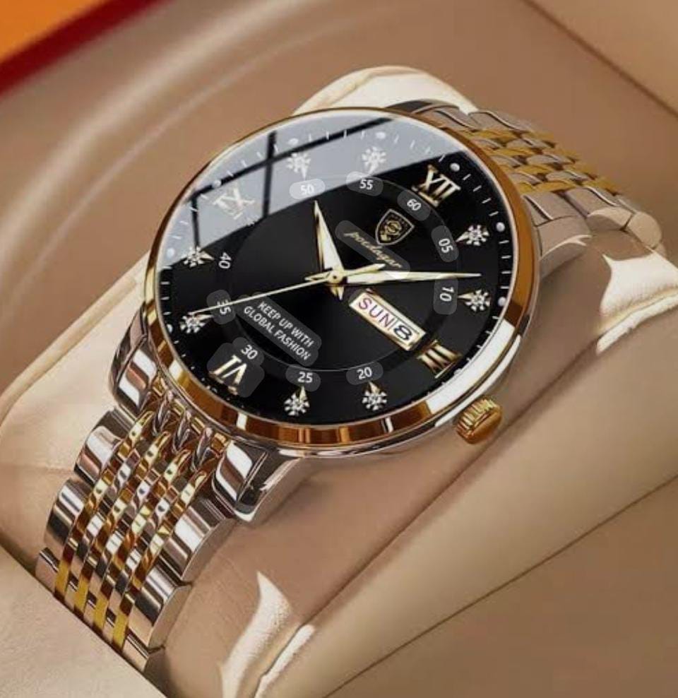 Luxury Men's Analog Watch with Day & Date Display – Elegant Gold & Silver Two-Tone Design