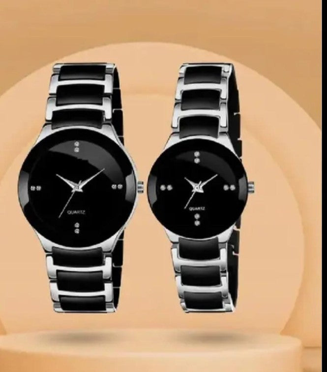 Silver Elegance Black Dial Couple Watch Set – Quartz Perfection