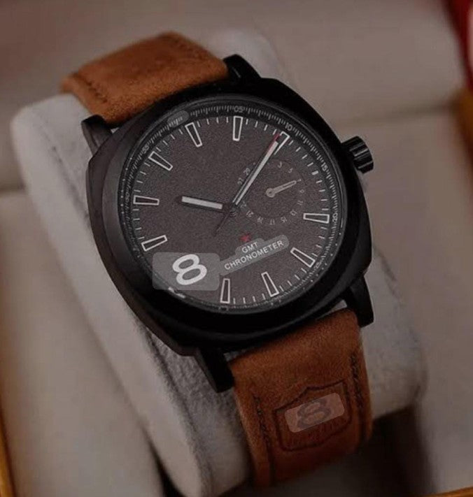 Men’s GMT Chronometer Watch with Leather Strap – Bold Black Dial